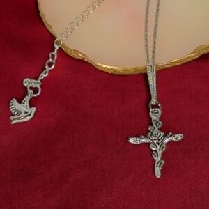Silver Rose Cross Pendant Necklace Christian Devotional Jewelry Western Goth Y2k